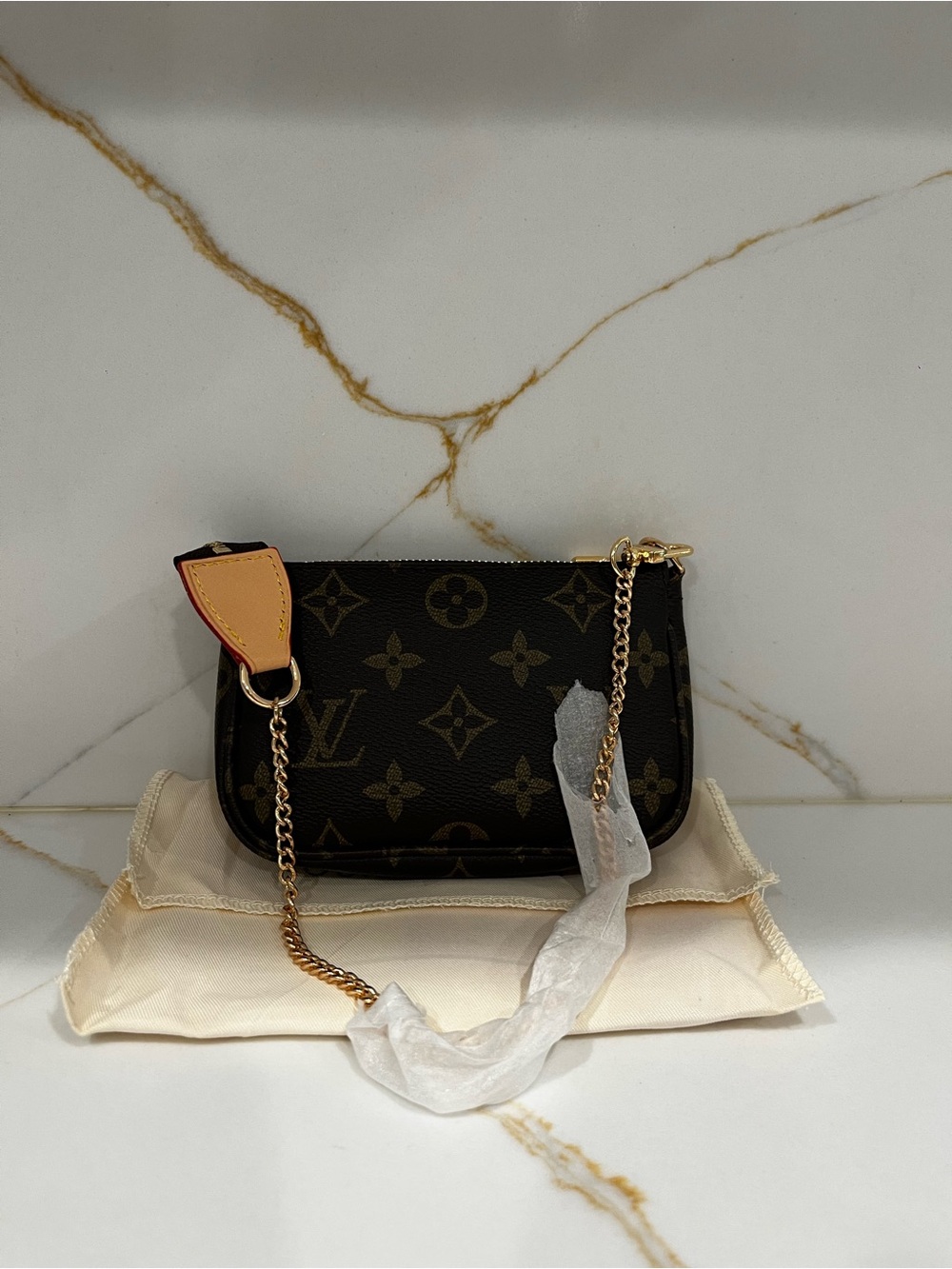 Inspired Monogram Mini Pochette with Gold Chain and Tan Accent